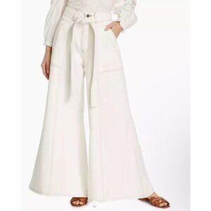 Farm Rio Wide Leg Pants Ivory Jeans Tie Belt Loose High Rise Denim Pants Sz XL